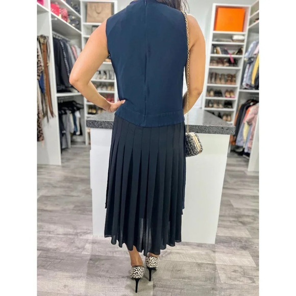 Victor Alfaro Navy Pleated Combo Midi Dress $2195 - Picture 7 of 15